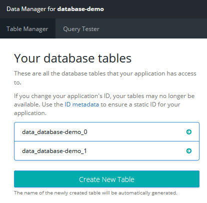 The list of tables for an application