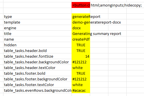 An Excel screenshot showing an html output button and a generateReport action
