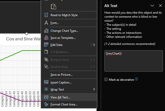 Right click on the chart, and select 'Alternative text' to set the placeholder
