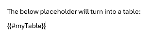 Include a table by setting the placeholder to {{#myTable}}
