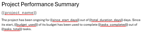The introductory paragraph of the Word template with placeholders