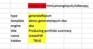 An Excel screenshot showing an html output button and a generateReport action