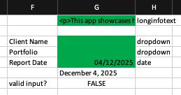 The inputs of the app defined in Excel