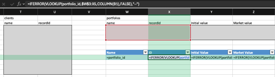Named ranges for the autofills, and a table to send data to the template
