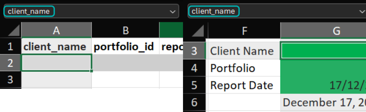 The Excel template file on the left, and the Excel app file on the right. The named range "client_name" is present in both files.